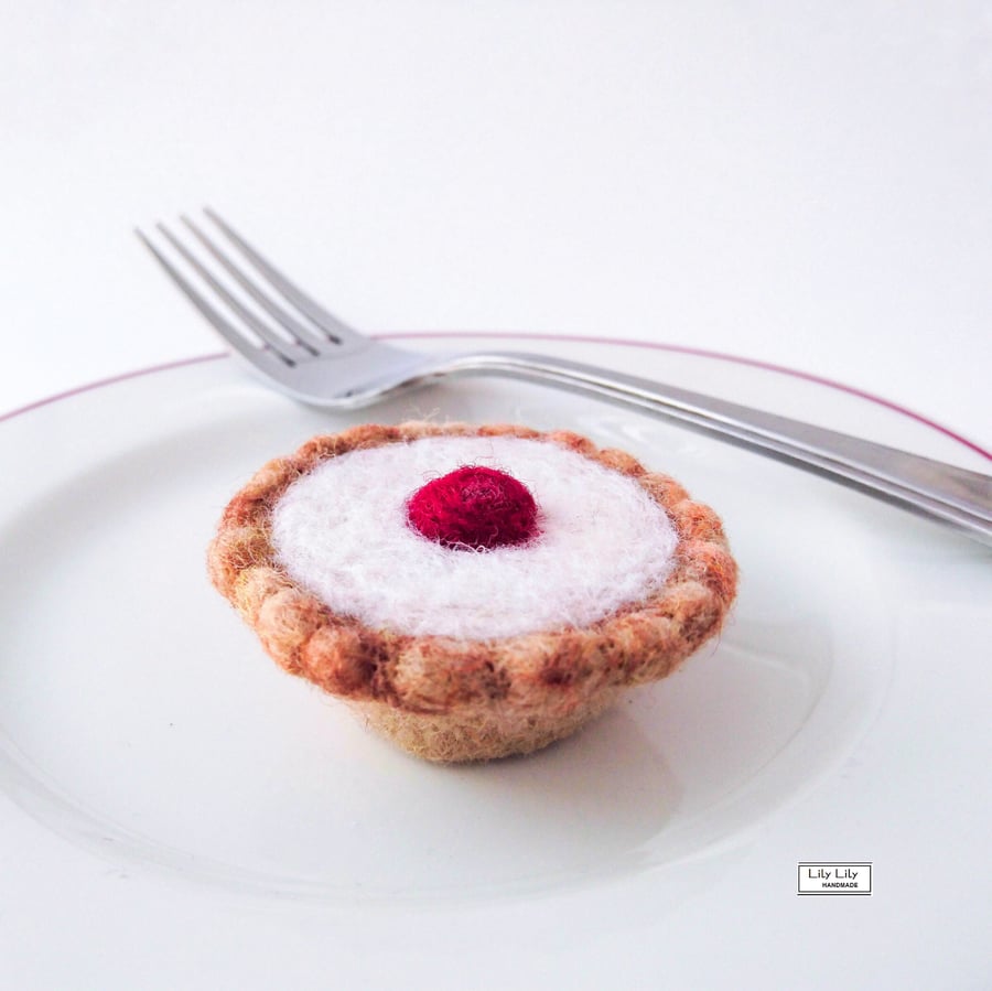 Cherry Bakewell Tart, woolly decoration, needle felted by Lily Lily Handmade