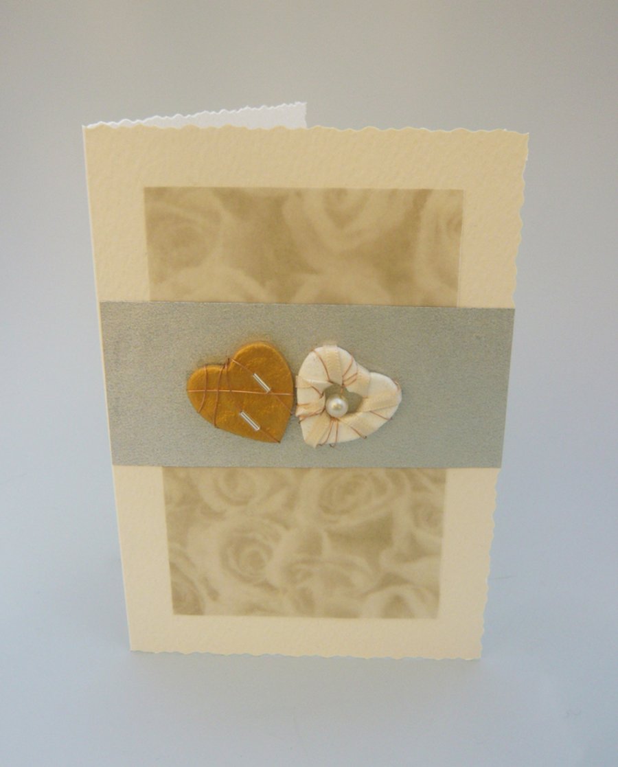 Handmade Wedding with gold and white hearts and pearl card.