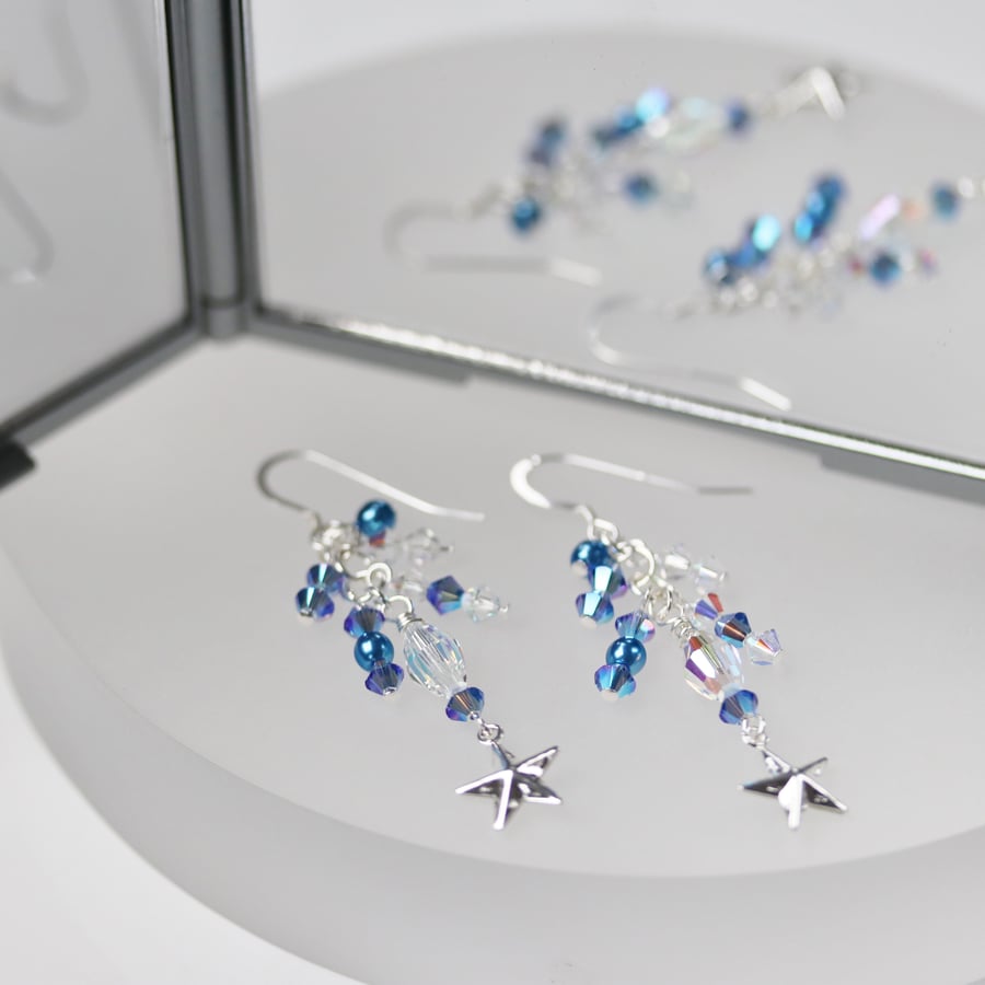 Starry Swarovski Sapphire and Crystal Cluster Earrings