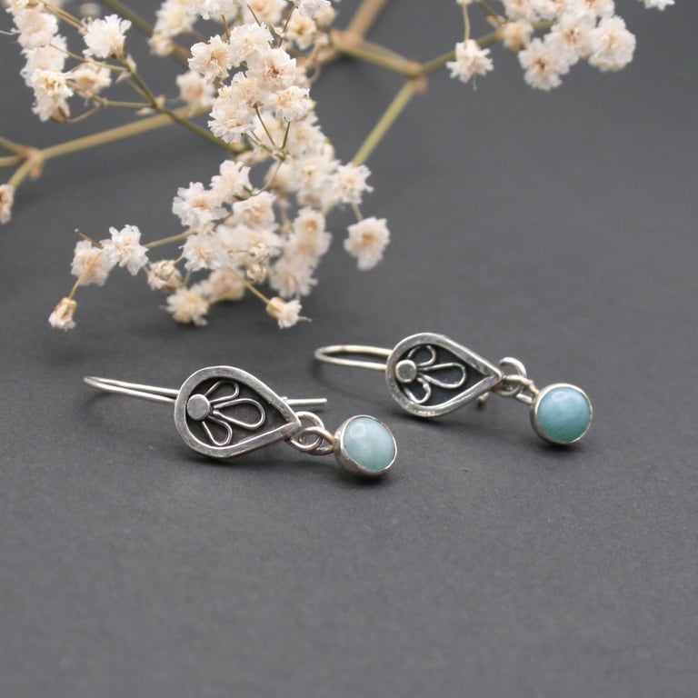 Handmade Botanical Earrings with Amazonite Gemstones