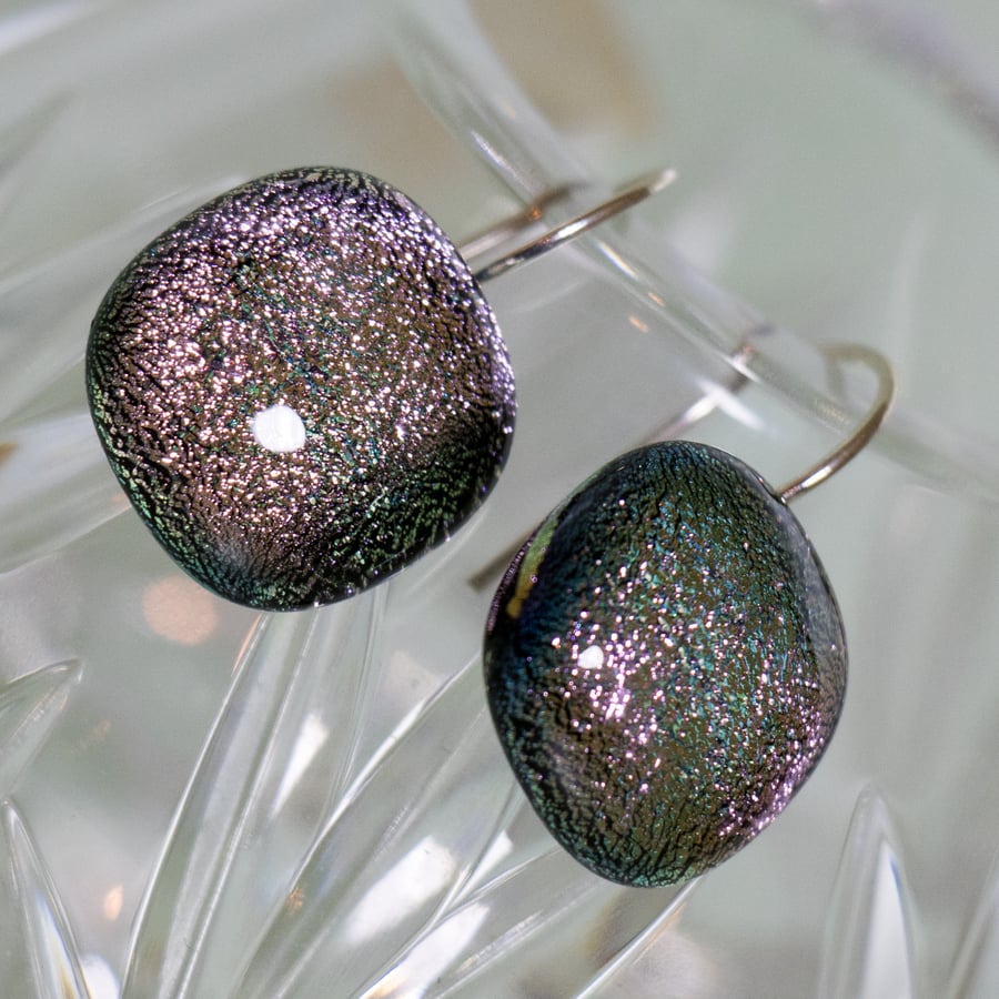 Pale Pink Dichroic Fused Glass Earrings on Silver Wires - 2040