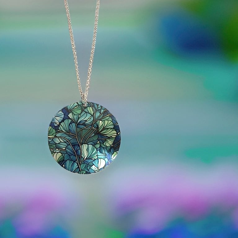 Ginkgo necklace, 32mm blue green round pendant, handmade jewellery. (828)