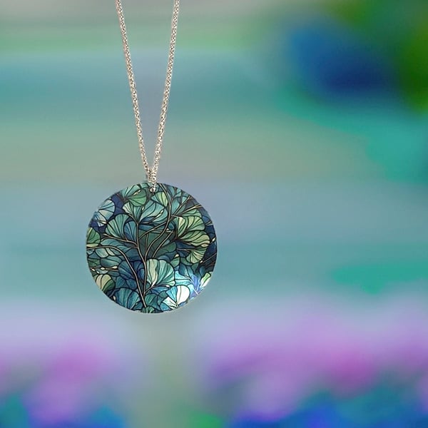 Ginkgo necklace, 32mm blue green round pendant, handmade jewellery. (828)