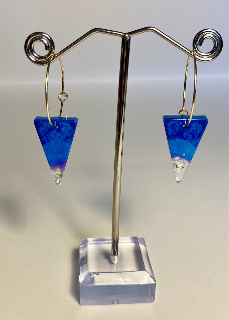 Handmade blue resin and silver biodegradable glitter triangle hoop earrings