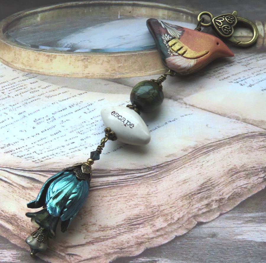 Artisan Handmade Bird and Hand Painted Flower Purse Bag Charm