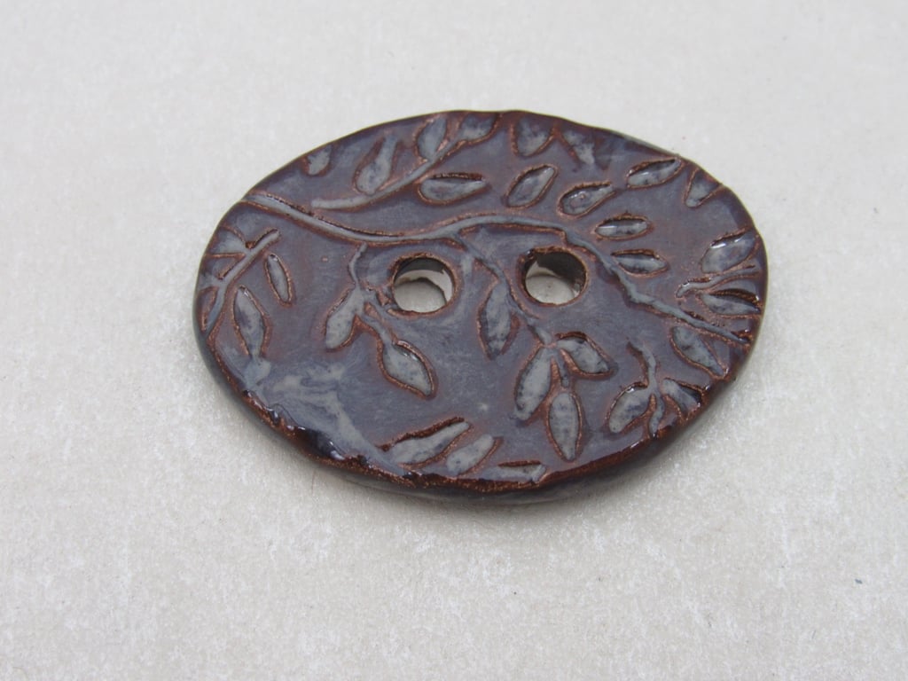 Large Dark Amethyst Sprig Oval Handmade Ceramic Button