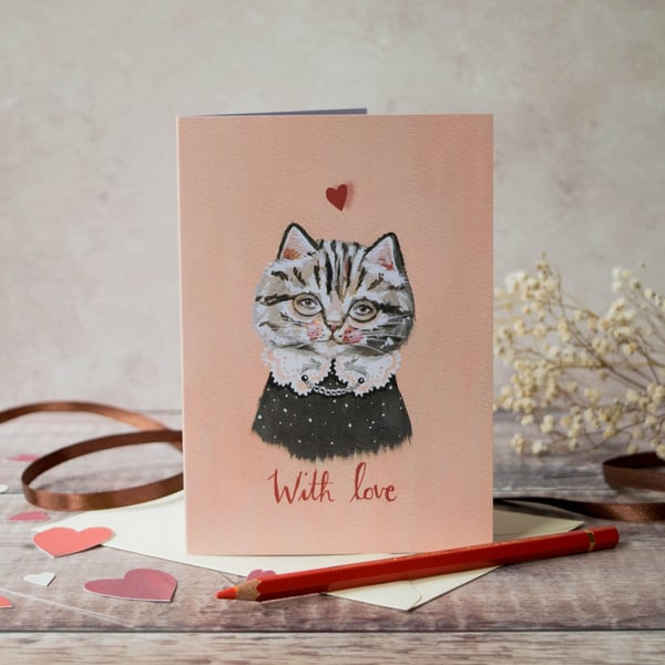 Tabby cat greeting card, A6. With love card. Valentines day, Birthday