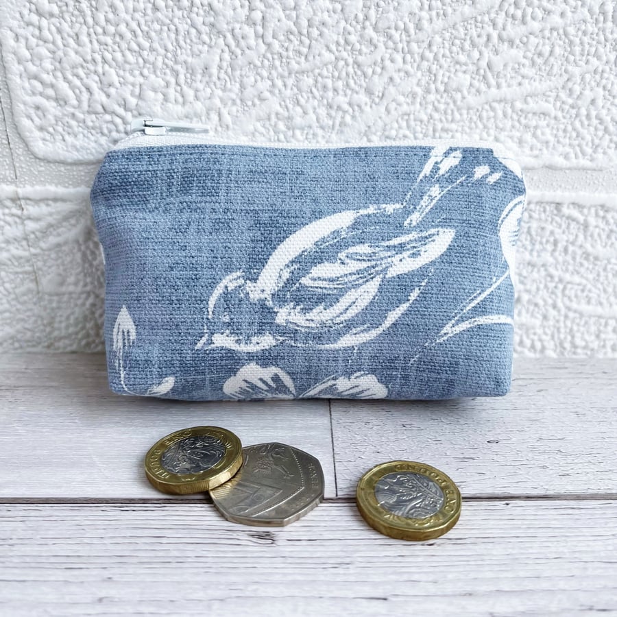 Small Purse, Coin Purse in Blue with White Bird and Flowers