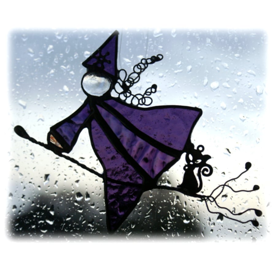 Witch on Broomstick Suncatcher Stained Glass 011 Cat Handmade