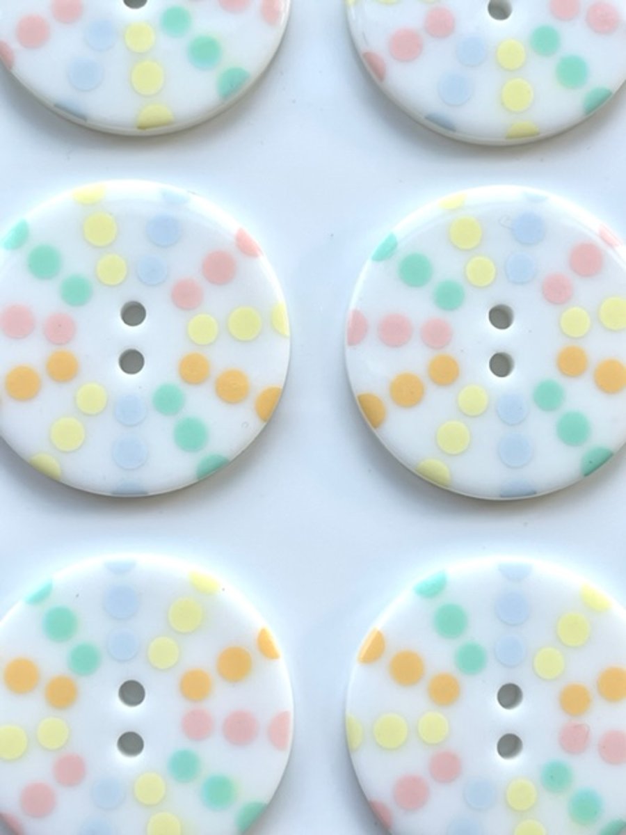 10 Large Buttons, 34mm Wide, Pastel Dotty Pinwheel Design, White Backing, Retro