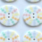 10 Large Buttons, 34mm Wide, Pastel Dotty Pinwheel Design, White Backing, Retro