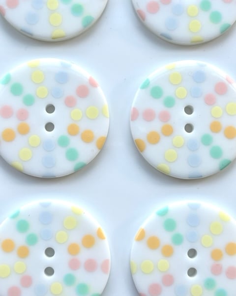 10 Large Buttons, 34mm Wide, Pastel Dotty Pinwheel Design, White Backing, Retro