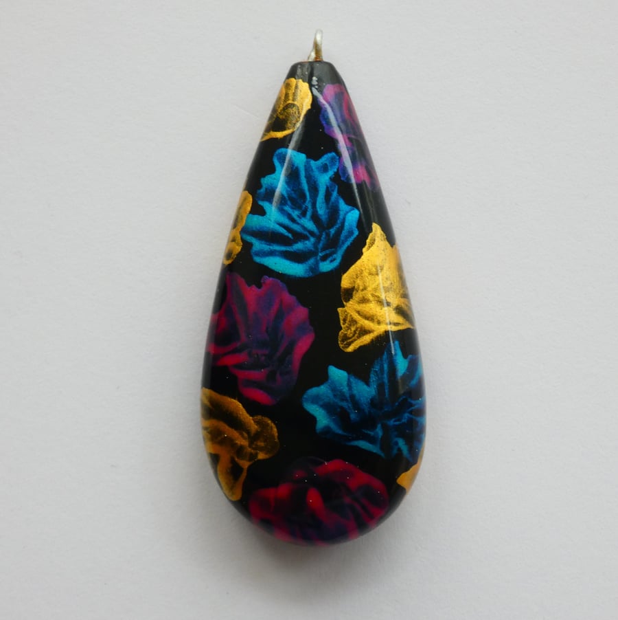 Chunky Blue, Pink, Gold and Black Wooden Teardrop Boho Pendant Necklace