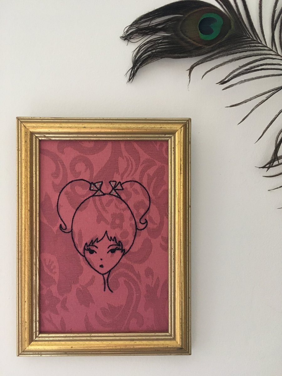 Hand Embroidered Girl on Vintage Dusty Pink Fabric in a Vintage Frame 