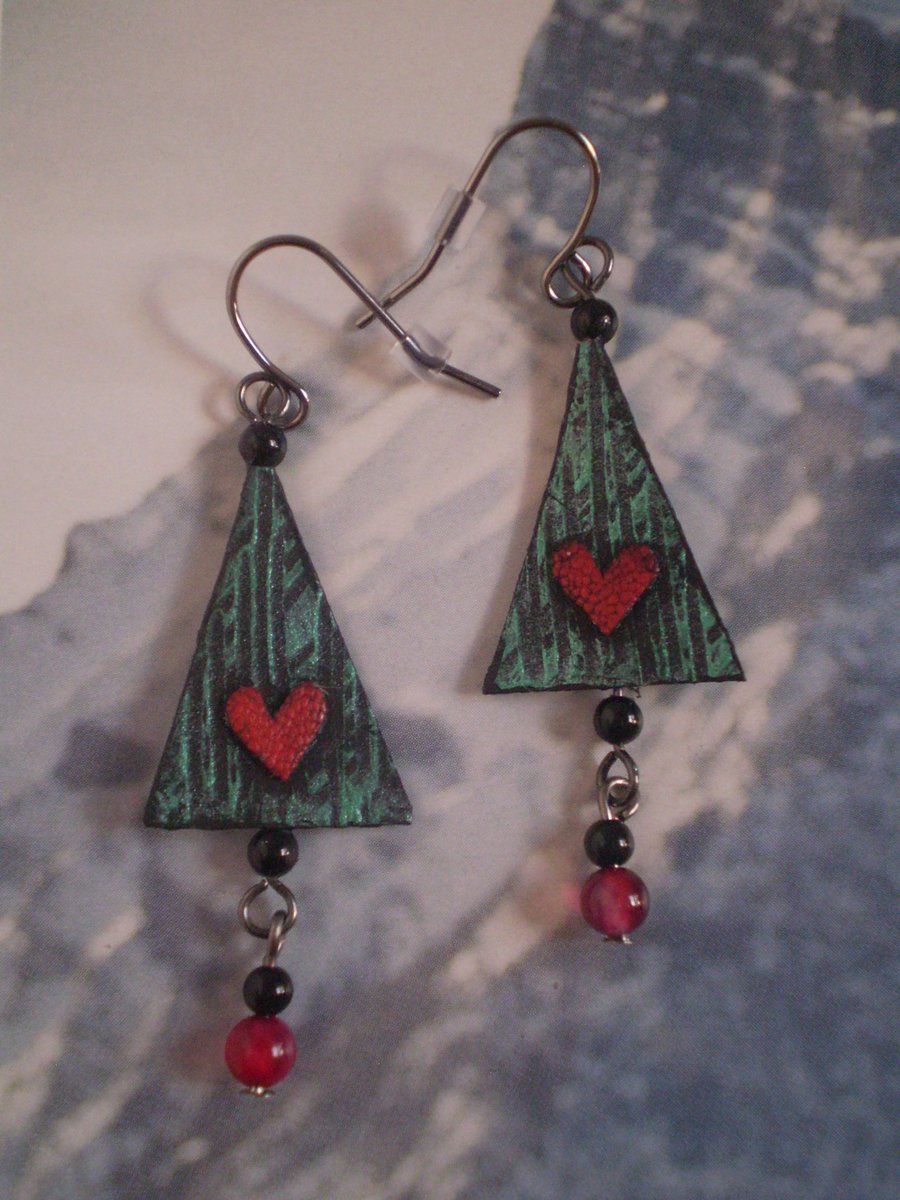 Tree Earrings ..Pine..in upcycled Leather.