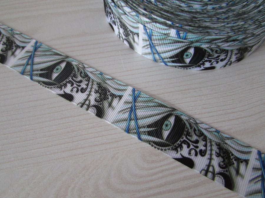 Blue Sugar Skull Calaveras Day of the dead Tattoo Grosgrain Ribbon x 1 metre