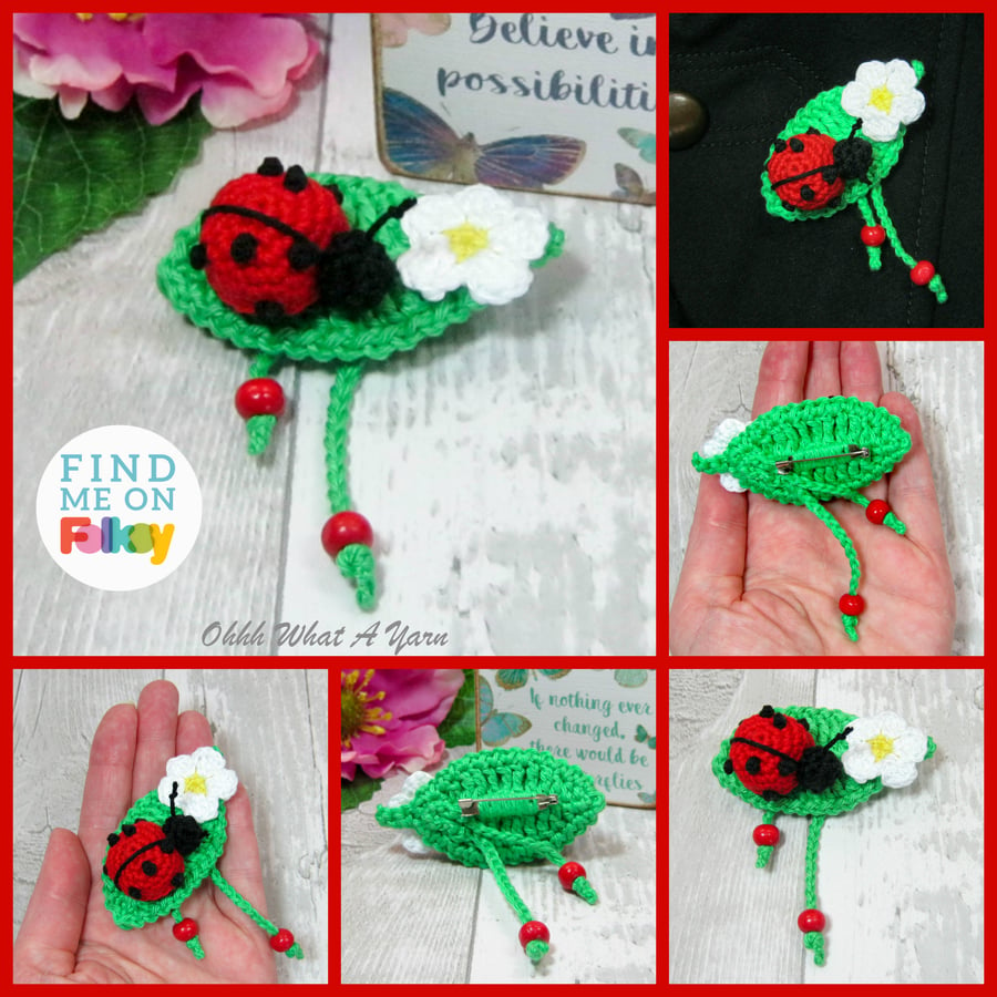 Ladybird and leaf crochet brooch . Ladybird pin. Ladybird badge.