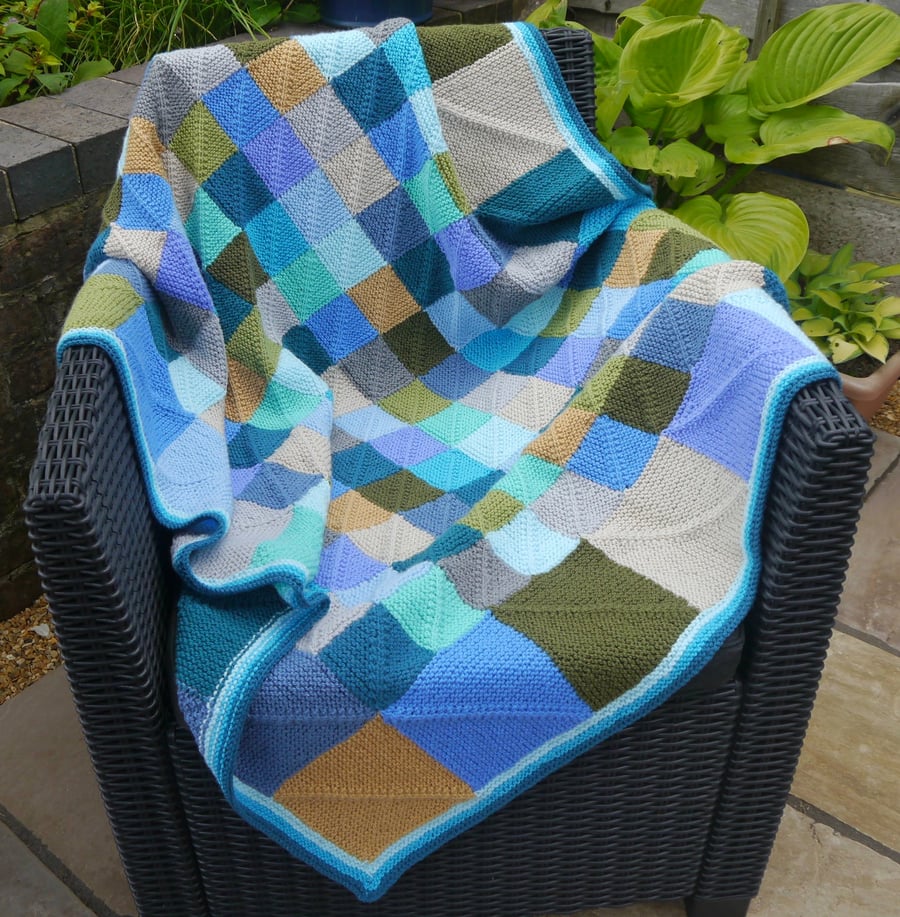 Modern Hand Knit Blanket, Coastal Throw, Blues and Greens