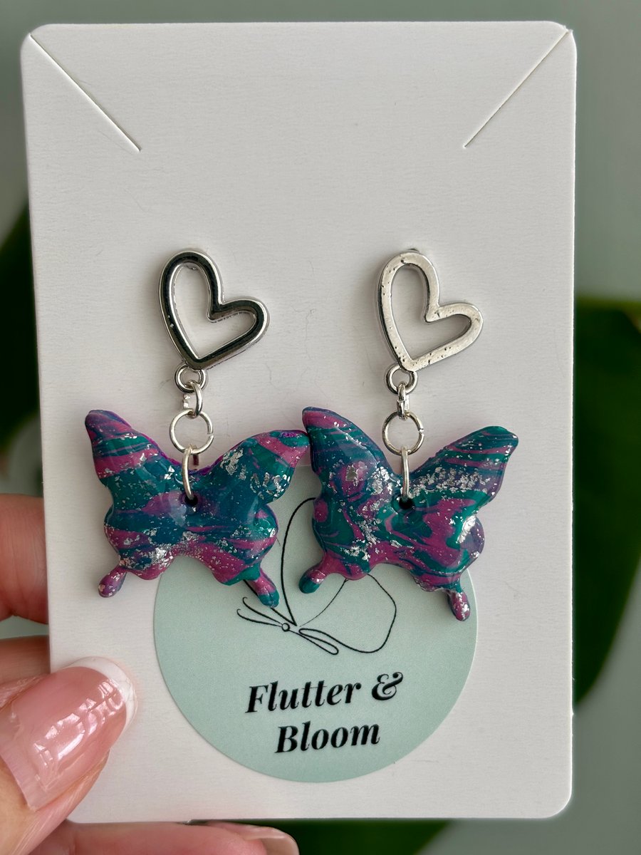 Teal & Magenta Butterfly Dangle Earrings with Silver Heart Studs