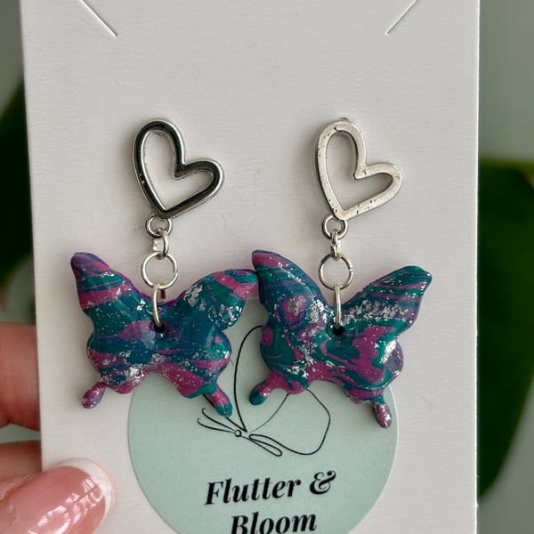 Teal & Magenta Butterfly Dangle Earrings with Silver Heart Studs