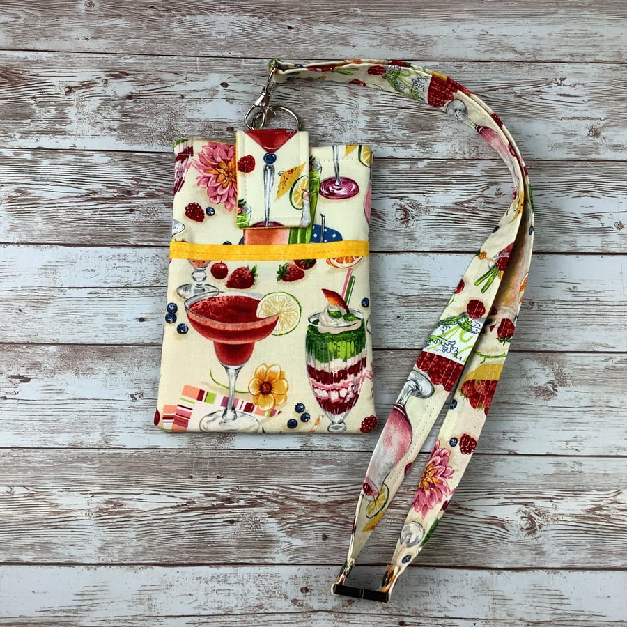 Cocktails Lanyard Pouch, Phone, Travel, Detachable lanyard, Handmade