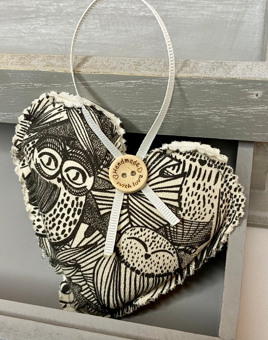 Hanging Heart - Black and Cream Owl Fabric