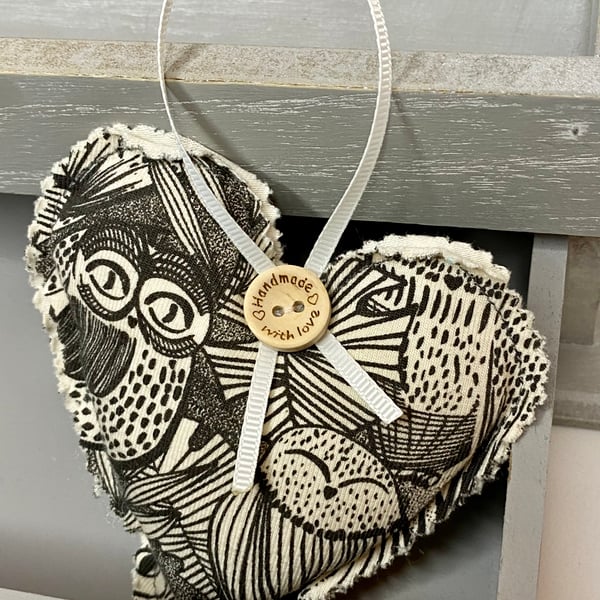 Hanging Heart - Black and Cream Owl Fabric