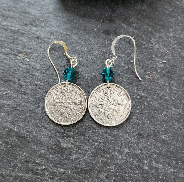 Upcycled sixpences (6d) coin earrings with turquoise bicone crystals