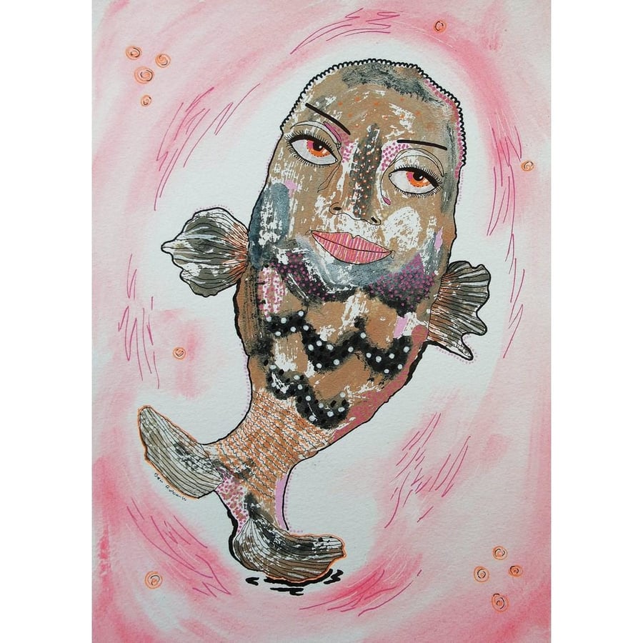 Pink Beige Fish Painting Surreal Whimsical Sea Creature Outsider Folk Art 8x11" 