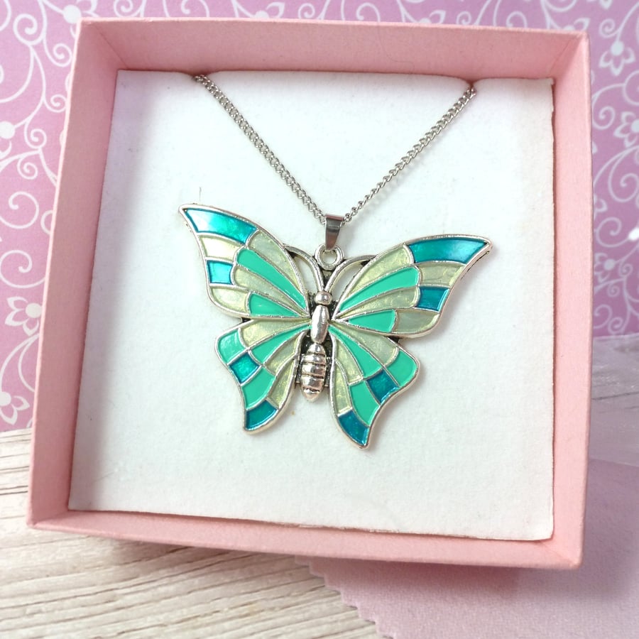 Teal, lime and emerald handpainted butterfly necklace, gift for woman