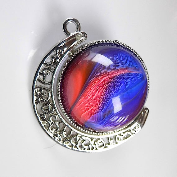 Filigree Moon Spinner Pendant, Hand Made Blue & Pink Cabochons