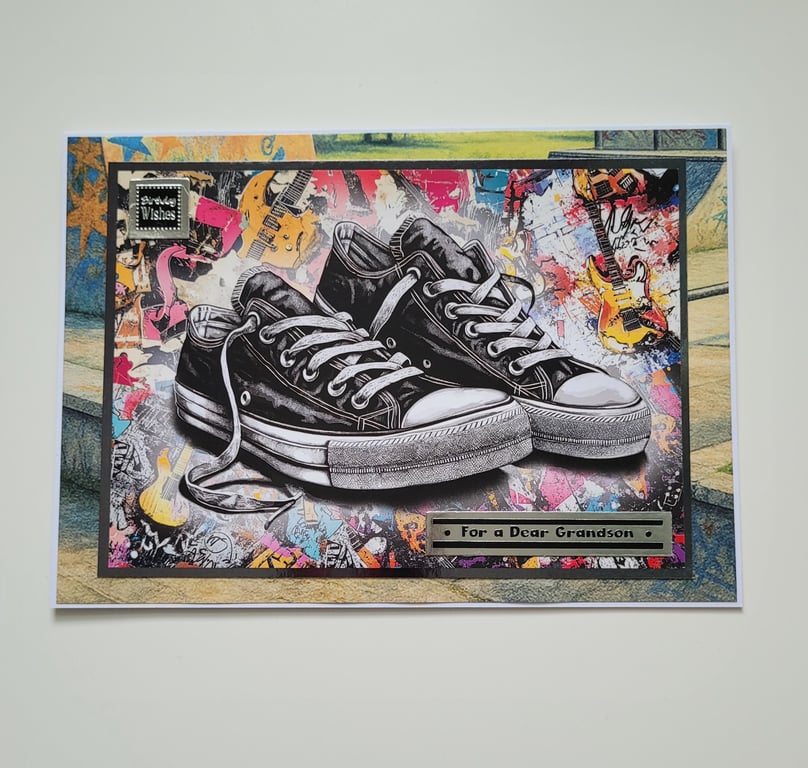 Grandson Birthday Card - Trainers & Guitar Design Teen Birthday Card 
