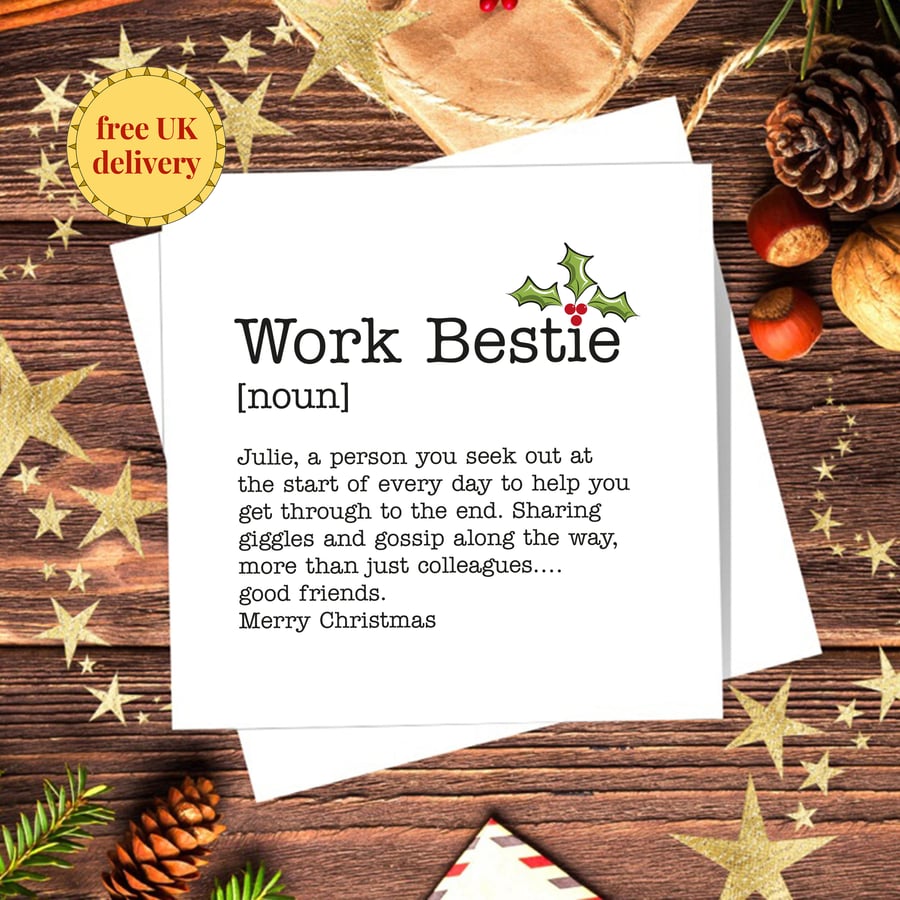 Work Bestie Definition Personalised Christmas Card - Work Colleague Card