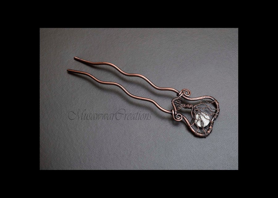 Elegant and heavy duty Tree of life Hair Fork, full moon howlite hair fork 