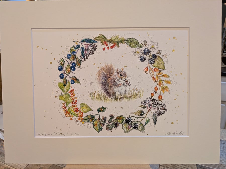Hedgerow Picnic (squirrel) a limited edition signed print