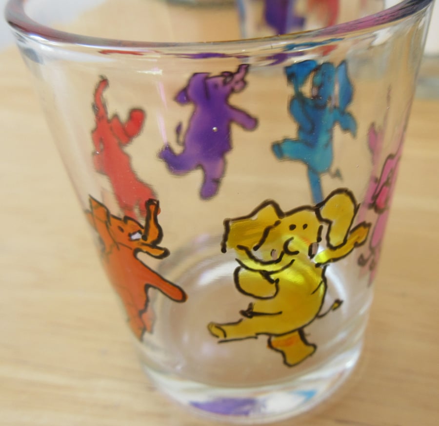 Shot Glass hand painted with dancing elephants - can be used as tealight holder