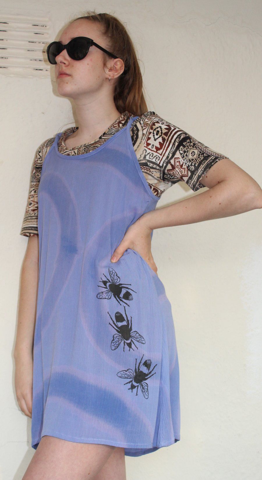 Blue sun dress, Vintage 90's Ladies,bee print strappy summer dress,Eco reworked
