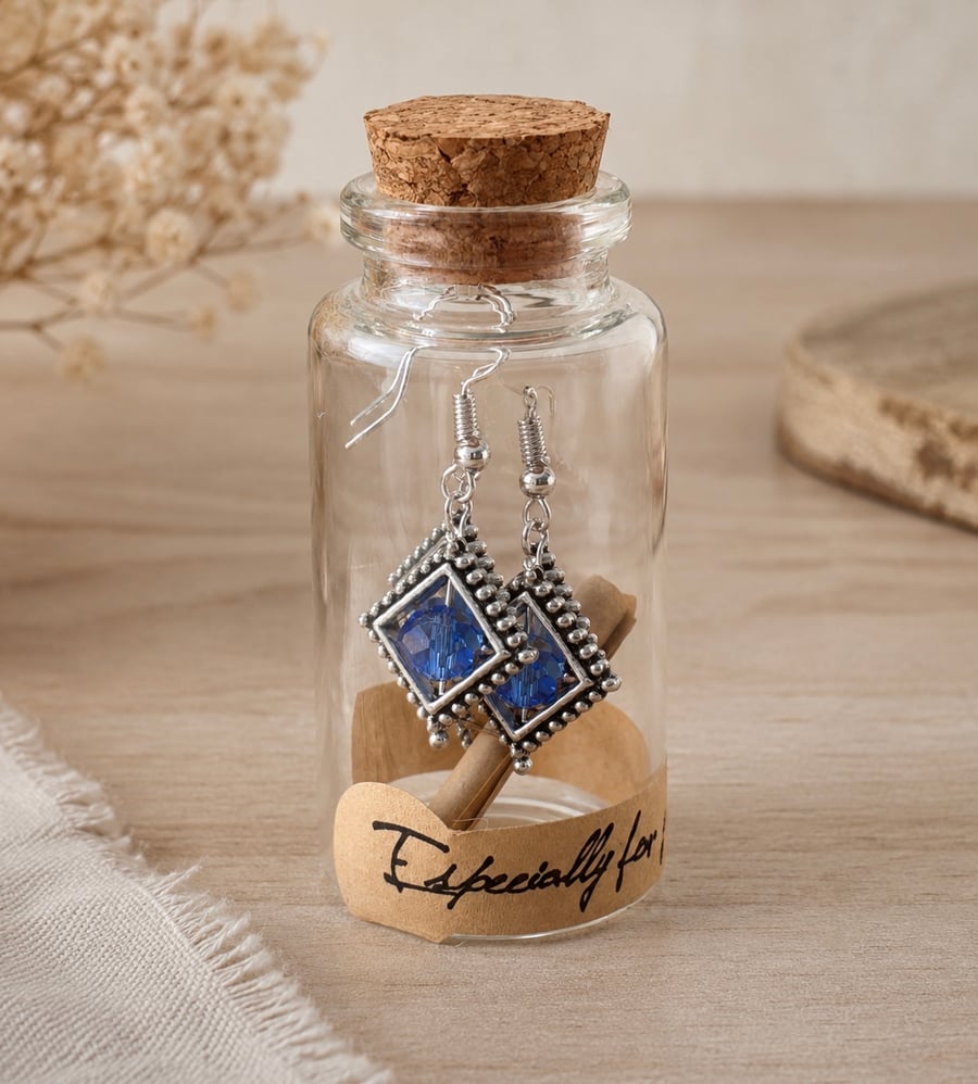 Handmade Blue Crystal Earrings in a Gift Bottle 