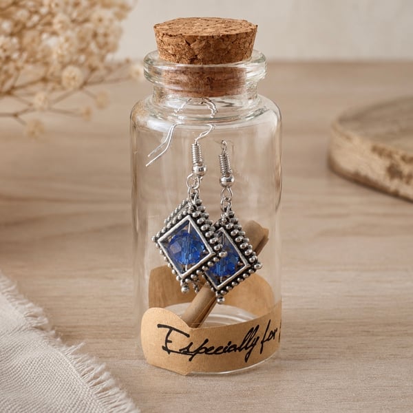 Handmade Blue Crystal Earrings in a Gift Bottle 