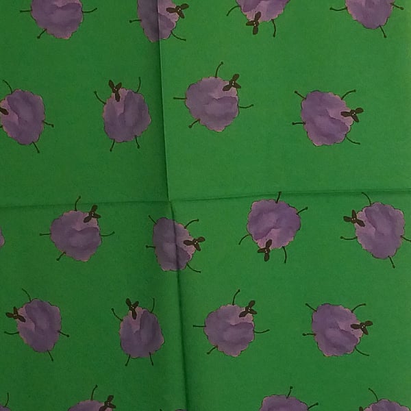 Long cotton scarf Green  with quirky Purple Sheep  scarf design 160 cm x 52 cm