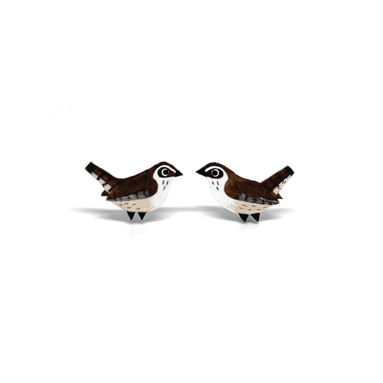 Wren Stud Earrings - Handpainted - Bird Earrings