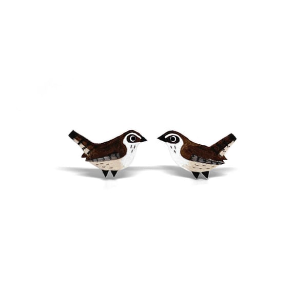 Wren Stud Earrings - Handpainted - Bird Earrings