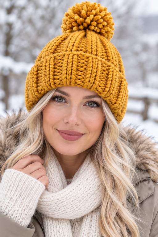 Ladies Super-chunky Hand-knitted Bobble Hat, Mustard Yellow 