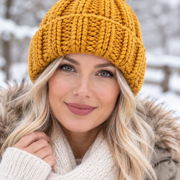 Ladies Super-chunky Hand-knitted Bobble Hat, Mustard Yellow 