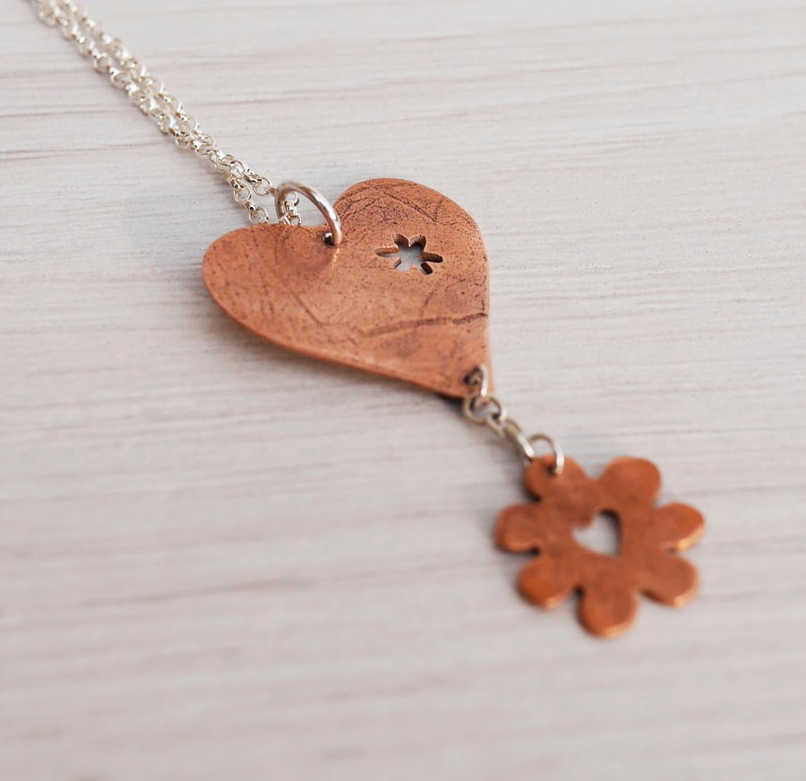 Copper and Silver Heart and Flower Textured Pendant