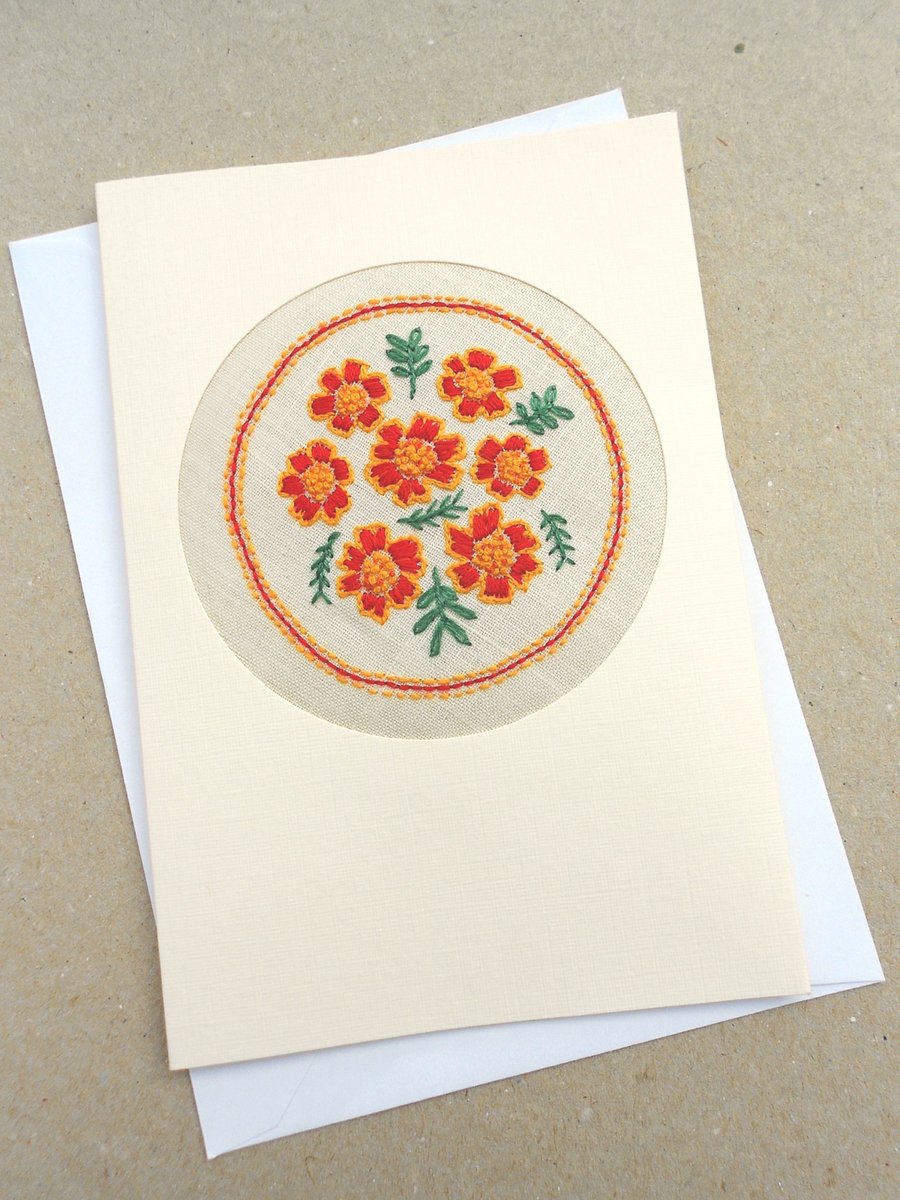 October Birthday Embroidered French Marigolds Card 