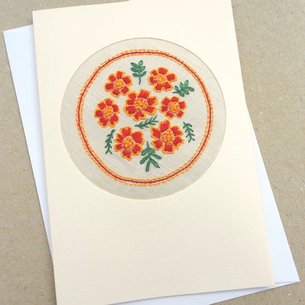 October Birthday Embroidered French Marigolds Card 