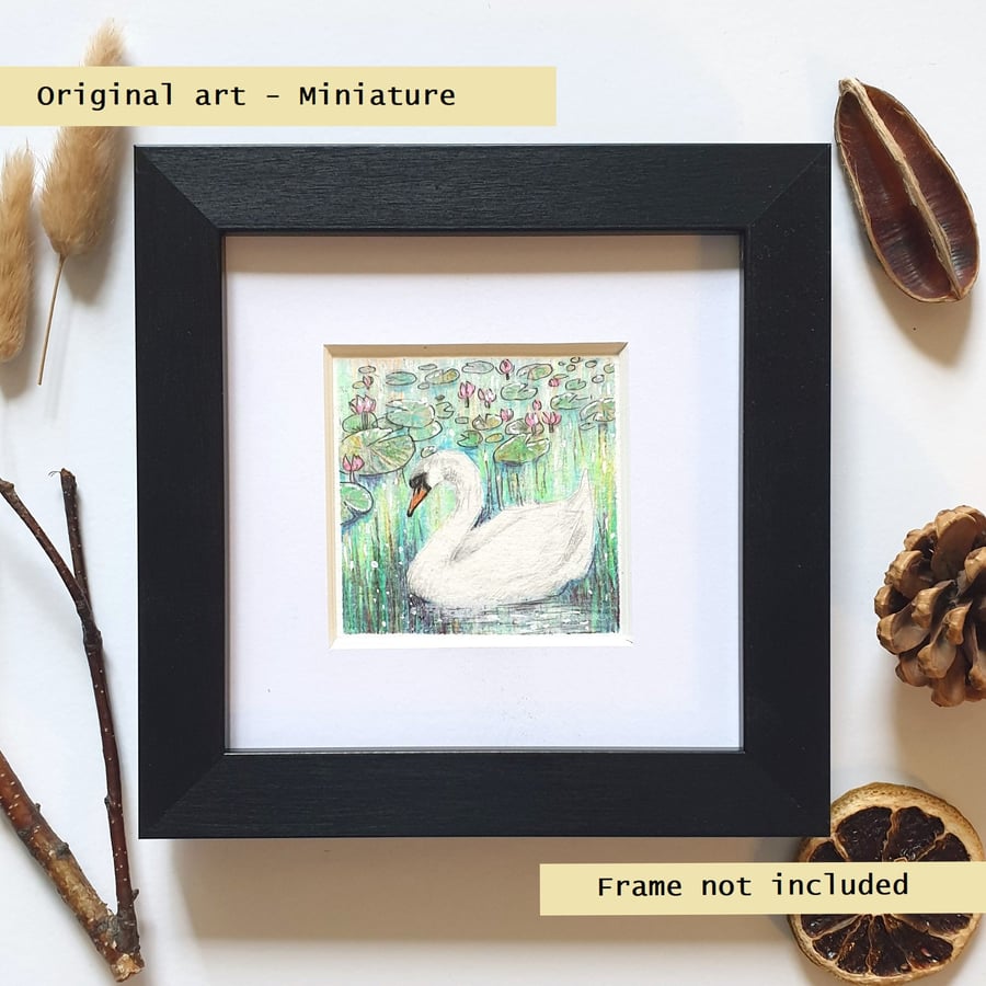 Miniature - Swan on a lily pond, original art, bird miniature