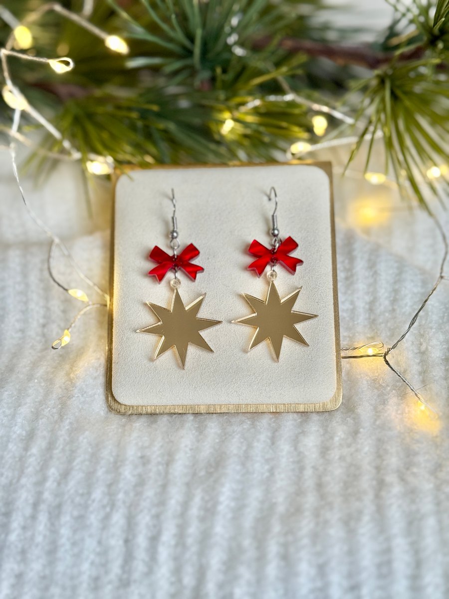 Bows and Stars Acrylic Christmas Earrings