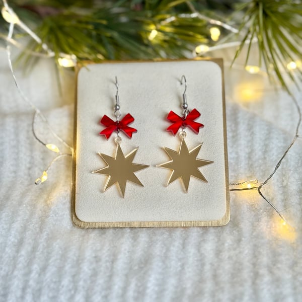Bows and Stars Acrylic Christmas Earrings
